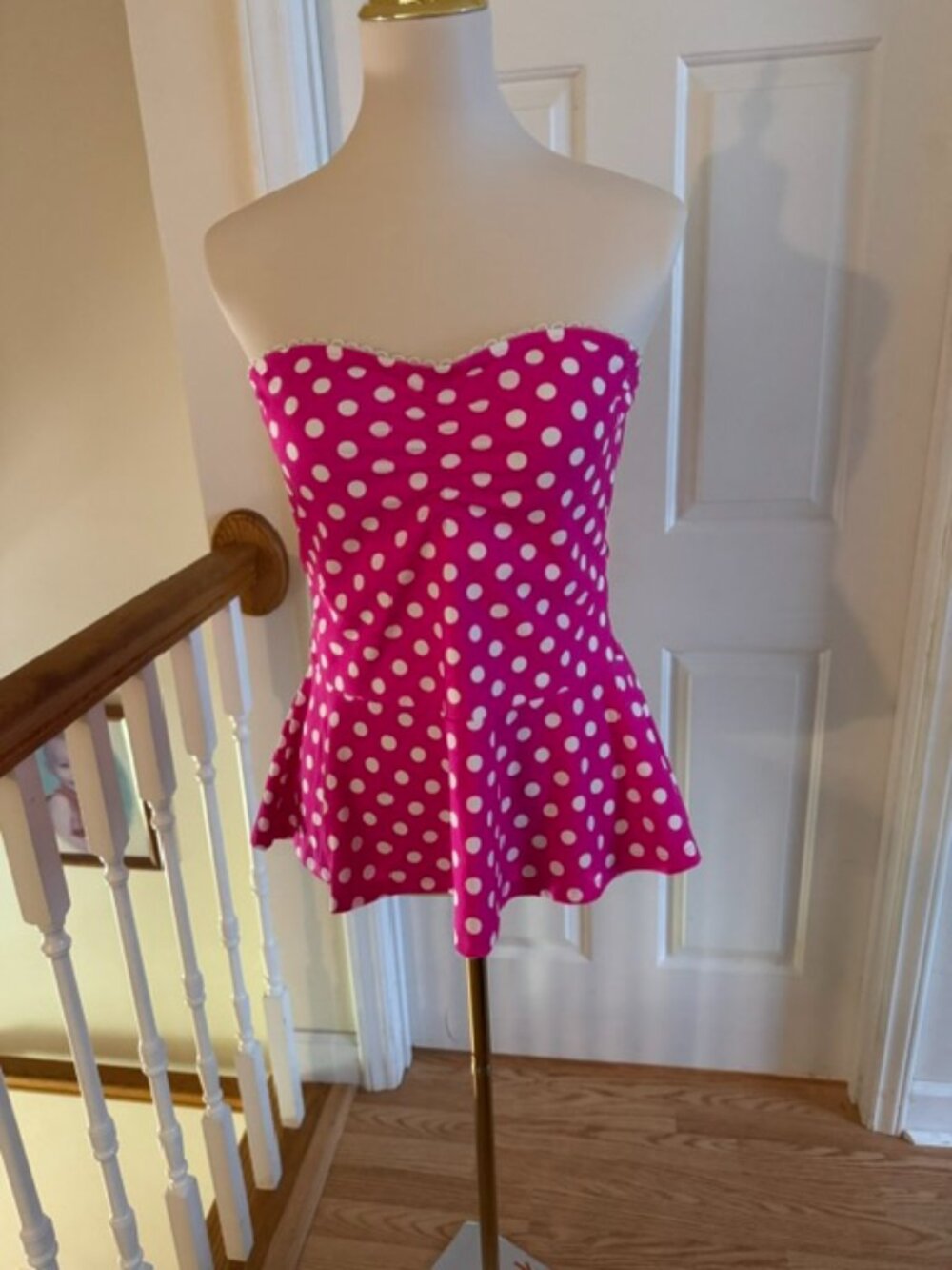 Crown & Ivy Pink White Polka Dot Bandeau Peplum Tankini Swim Top L NWOT